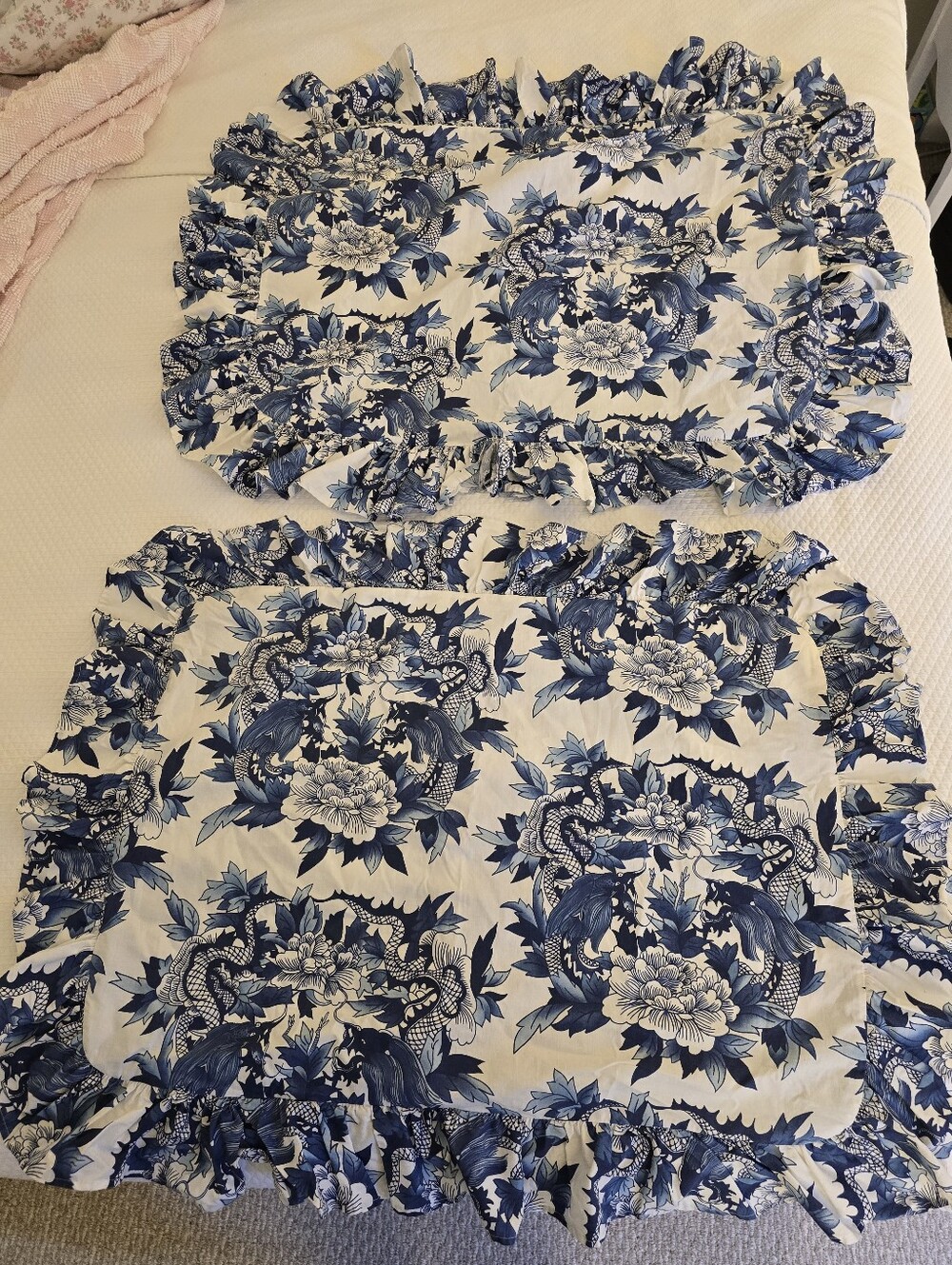 Pair Ralph Lauren Nanking Blue & White Chinoiserie Ruffled Pillow Standard Sham